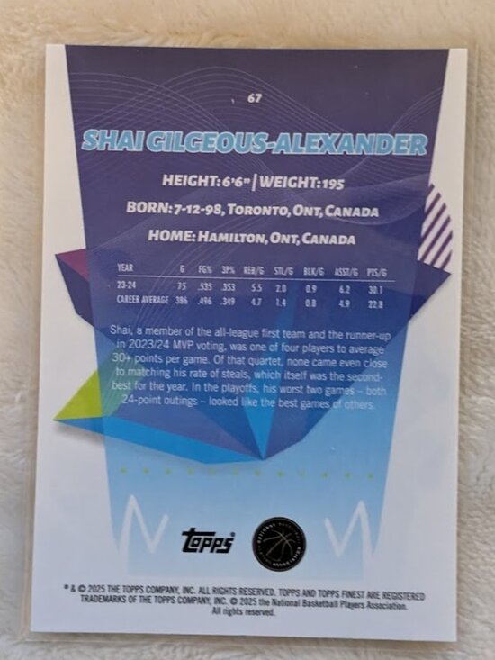 O1 2025 TOPPS FINEST Shai Gilgeous-Alexander #67 - Picture 2 of 2
